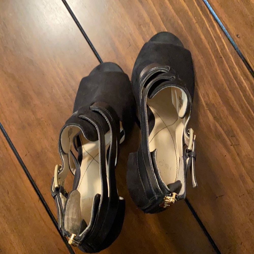 Women’s heeled sandal, black, leather upper